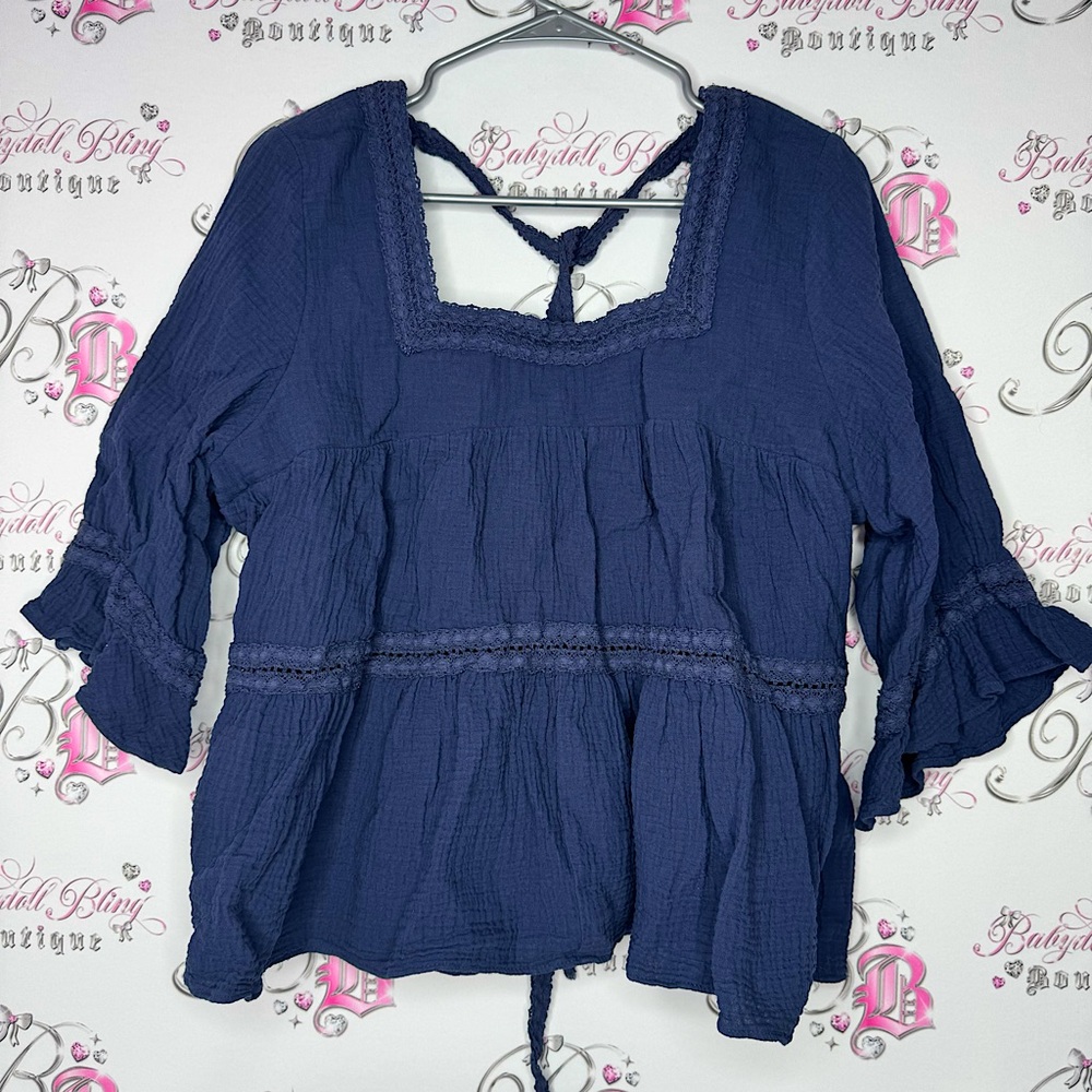 Caslon top boho ruffle frill hem bellly crochet tiered ribbon tie up back navy